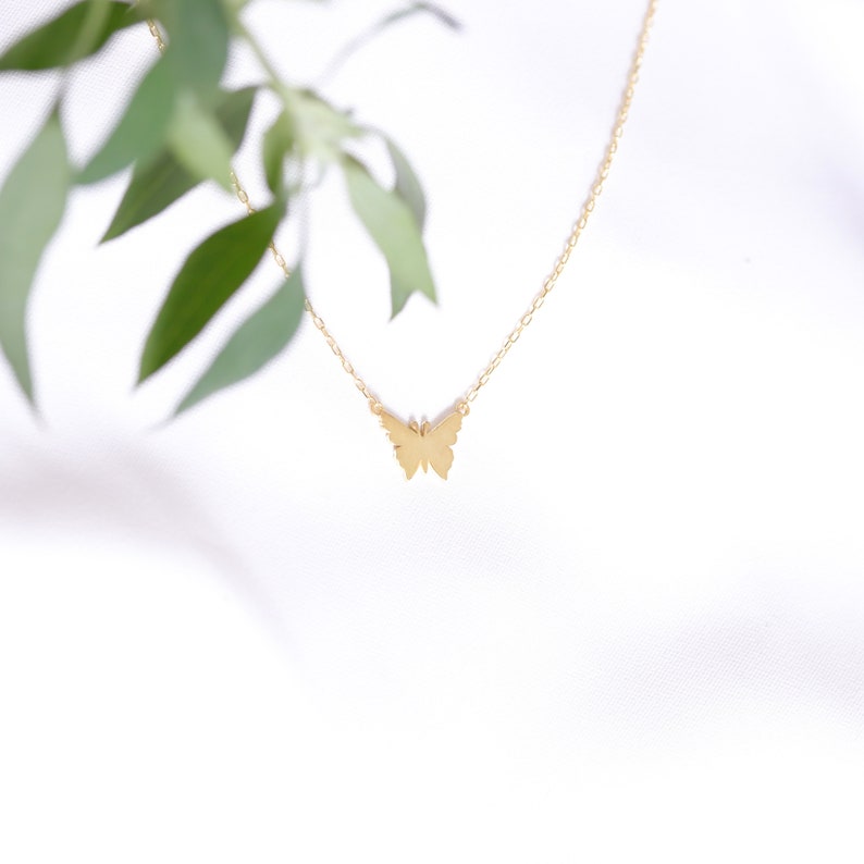 14k Gold Dainty Necklace, Solid Gold Delicate Necklace, Tiny Elegant Pendant, Butterfly Necklace, 18k Butterfly Charm, Birthday Gift for Her image 7