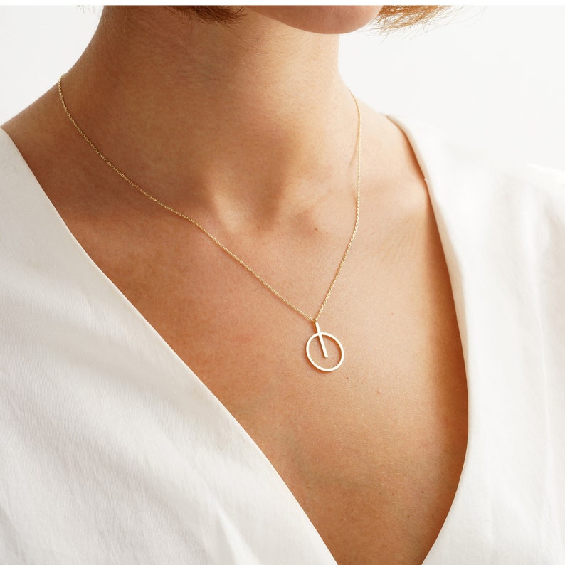 14k Dainty Circle Necklace, Solid Gold Geometric Necklace, Power Button Necklace, On Off Pendant, Daily Wear Necklace Women, Simple Necklace image 1