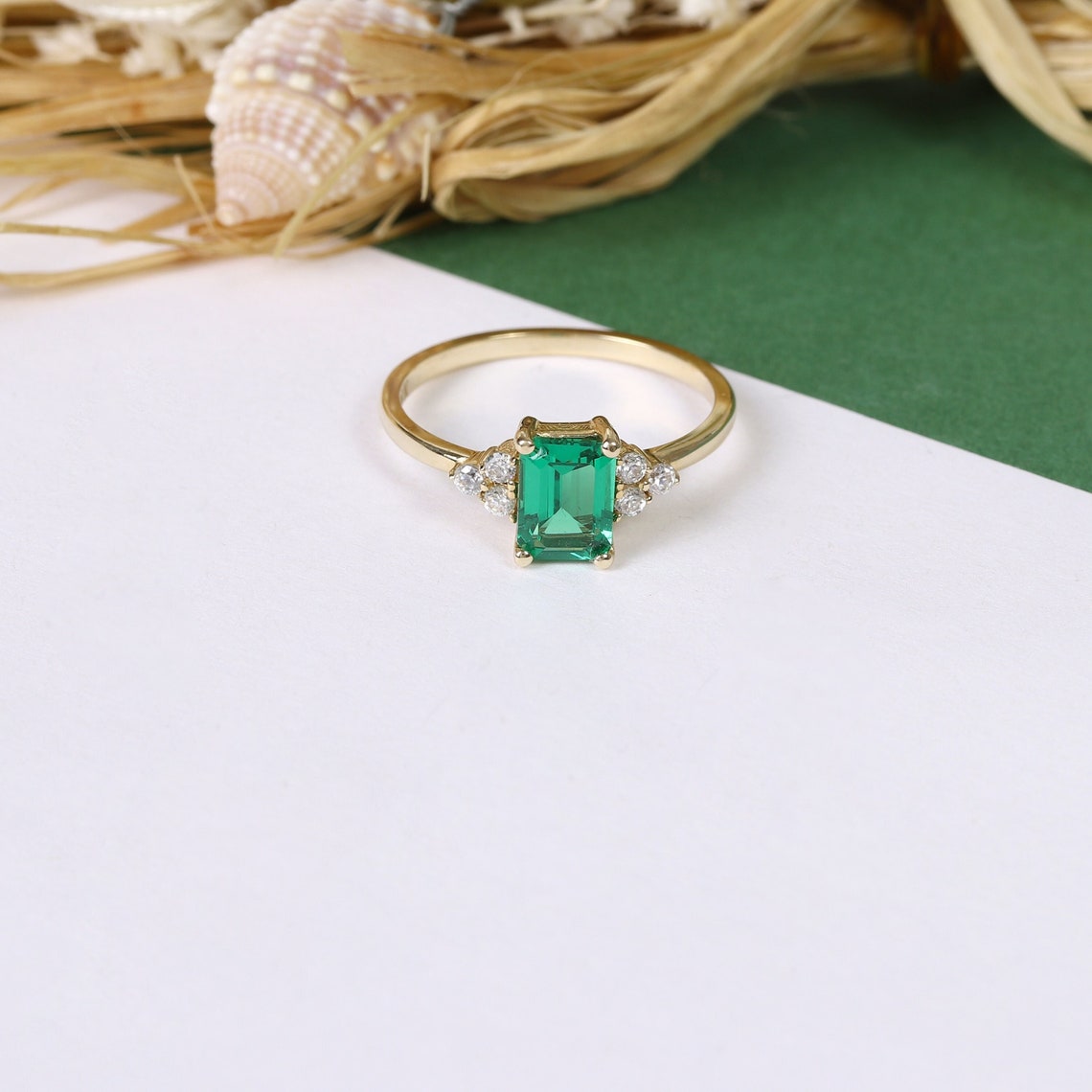 14k Gold Octagon Cut Emerald Ring Emerald Engagement Ring image 2