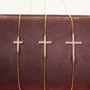14k Gold Sideways Cross Necklace, Custom Size Cross Jewelry, Dainty Diamond Charm Cross, 18k Religious Cross Necklace, CZ Crucifix Jewelry image 10
