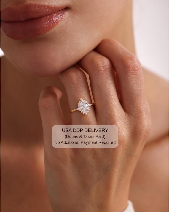 Bague de fiançailles en moissanite ovale en or massif : bague halo style Art déco vintage, 1,23 ct - Canada