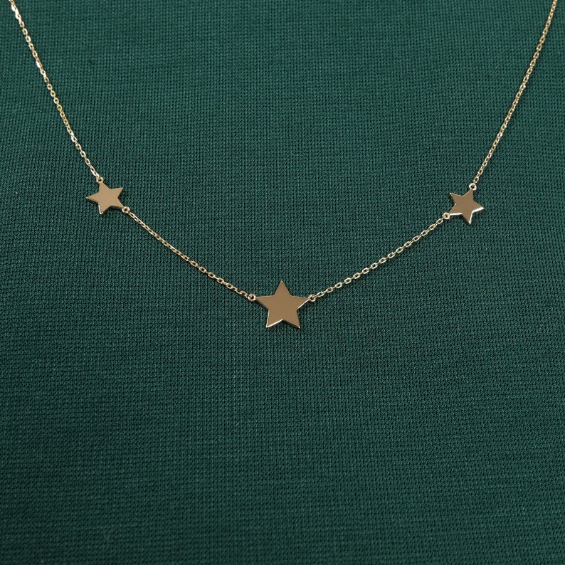 14K Solid Gold Triple Star Necklace Dainty Three Star Gold Etsy