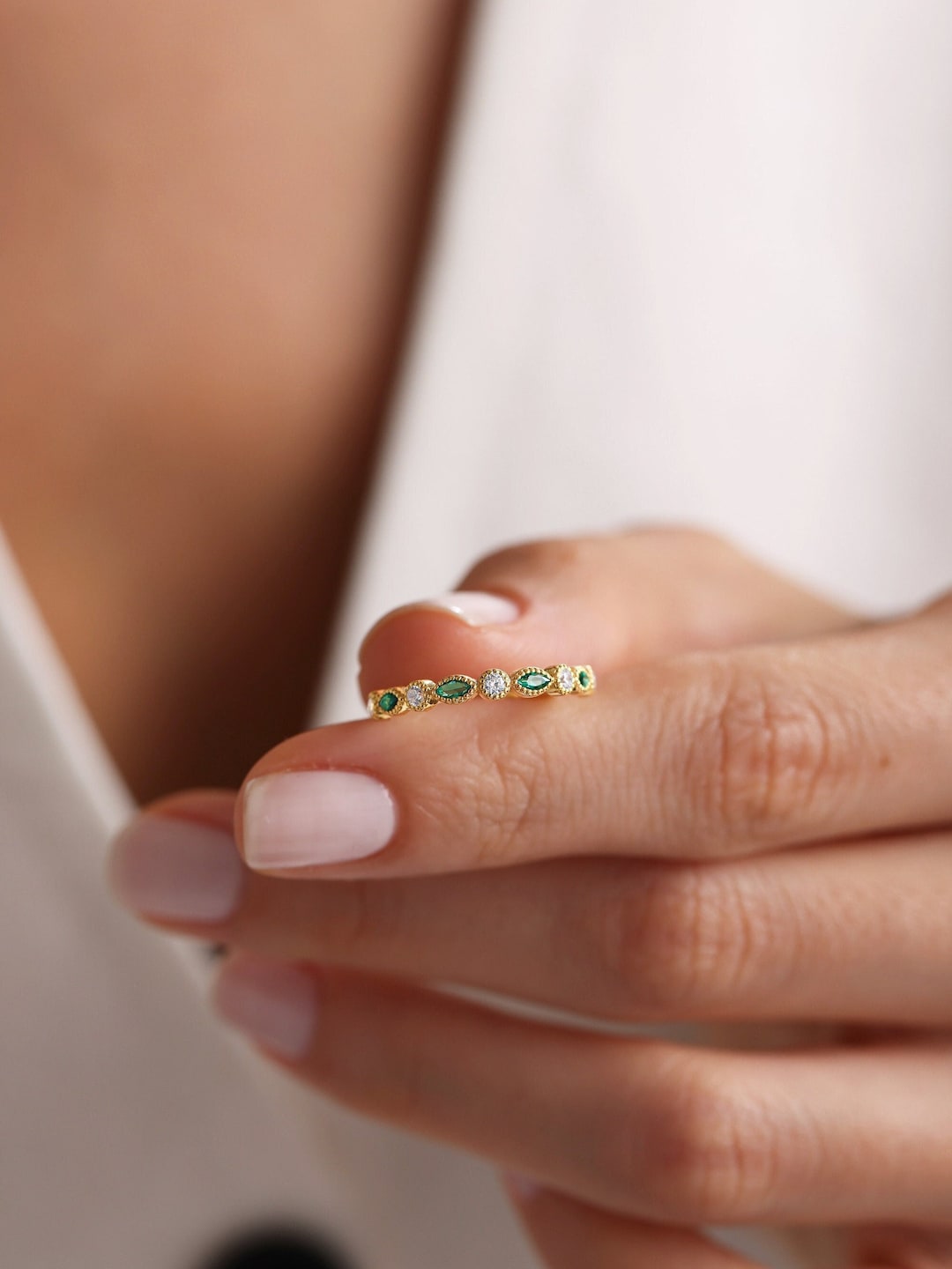 Solid Gold Marquise Emerald Band Wedding Ring - 14k Half Eternity Ring ...