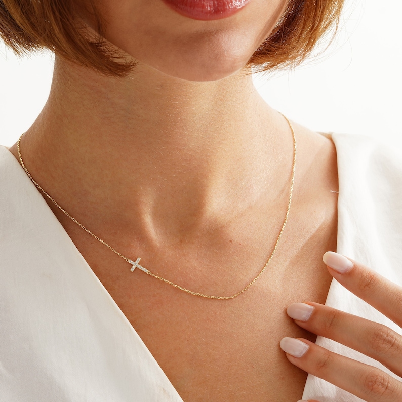 14k Gold Sideways Cross Necklace, Custom Size Cross Jewelry, Dainty Diamond Charm Cross, 18k Religious Cross Necklace, CZ Crucifix Jewelry image 1