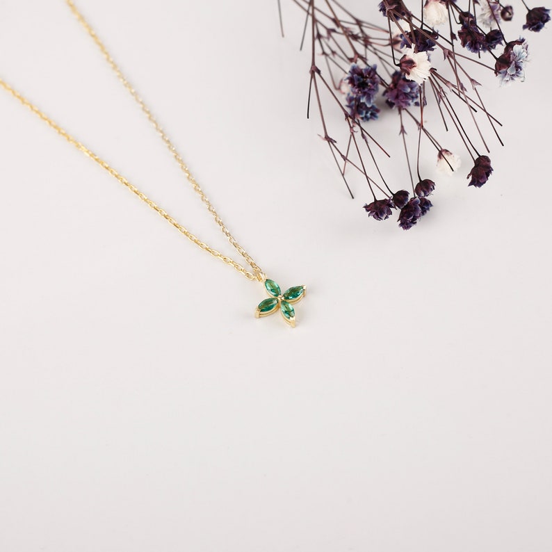 14k Dainty Emerald Necklace, Minimalist Emerald Pendant Solid Gold, Emerald Jewelry, 18k Emerald Necklace Women, May Birthstone Necklace image 9