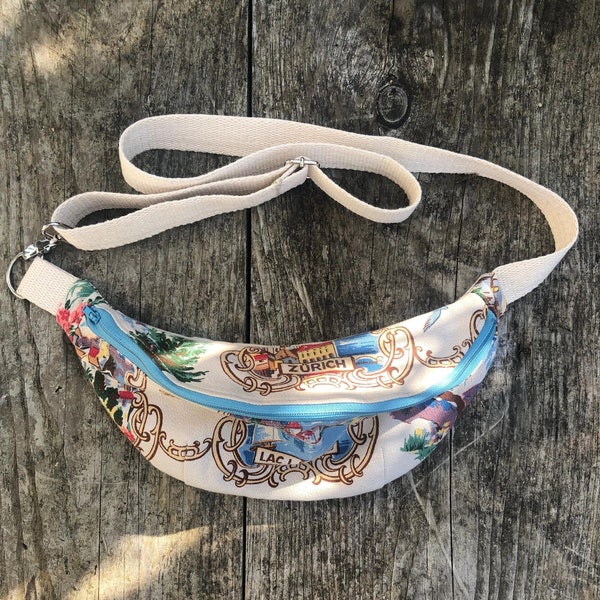 Sustainable bumbag | fanny pack | crossbody bag. Made from a vintage tablecloth and upcycled linen trousers. OOAK
