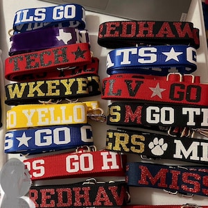 以下が含まれることがあります： 「ILS GO」、「REDHAW」、「TS」、「WKEYEY」、「LV GO」、「S M GO TI」、「ERS」、「S GO H」、「REDHAW」、「MISS」、「S GO B」など、さまざまな大学チームの名前とロゴが書かれたカラフルなファブリックストラップのスタック。