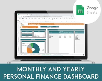 May include: A laptop computer displaying a Google Sheets spreadsheet with a monthly budget tracker. The spreadsheet includes a summary of income and expenses, a pie chart showing money distribution, and a detailed breakdown of spending categories. The spreadsheet is titled "Monthly budget tracker".