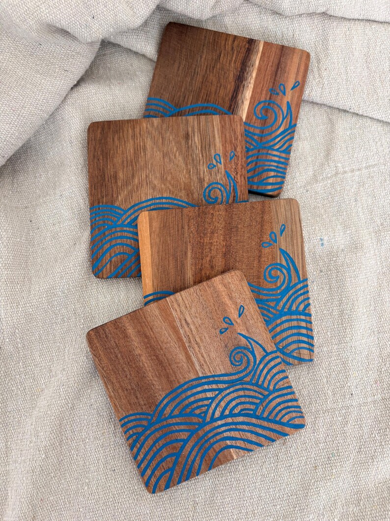 Wave Patterned Coaster Ocean Waves - Hand Painted Wooden Coasters (set of 4) - Etsy