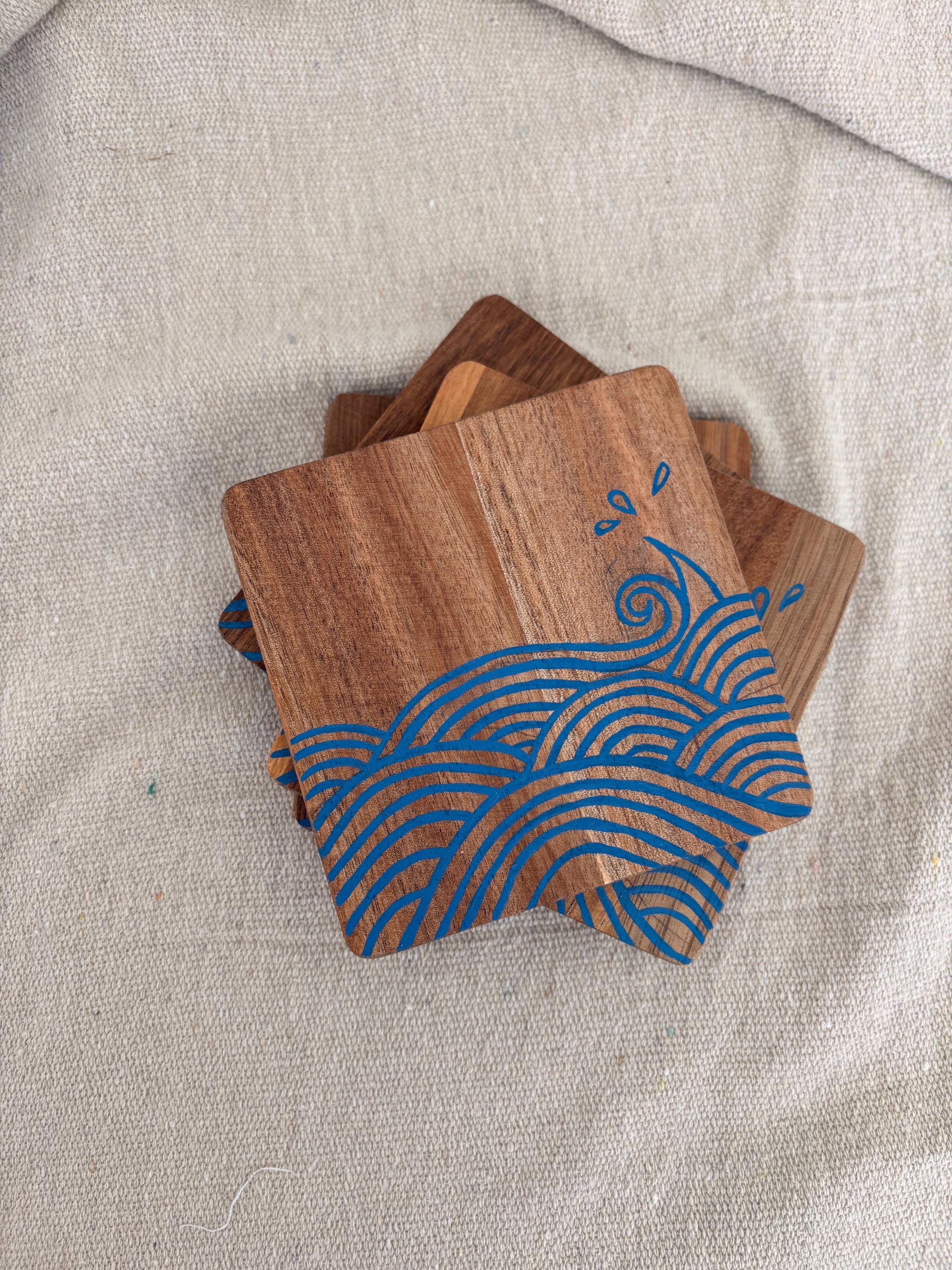 Wave Patterned Coaster Ocean Waves - Hand Painted Wooden Coasters (set of 4) - Etsy