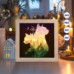 Gatto e Luna 3D 2, Shadow Box SVG, Per Cricut, Per Silhouette, Modello a strati, File di ritaglio cartaceo