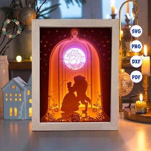 La Bella e la Bestia 2 in 3D, Shadow Box SVG, Per Cricut, Per Silhouette, Modello a strati, File di ritaglio cartaceo