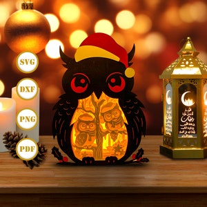 Uil in kerstlantaarn papier gesneden, kerstlantaarn svg, kerstschaduwdoos, kerst silhouetlantaarn, uilendoos 3D-doos, lichtbak Svg