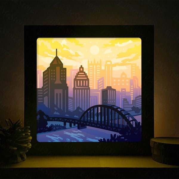 Pittsburgh Paper Cut Light Box Template, 3D Shadow Box SVG Files, Shadow Box Paper Cut, Light Box SVG, 3D Papercut Light Box SVG File