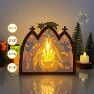 Krippe Haus Box 2 Laterne Papierschnitt, Weihnachtslaterne svg, Weihnachtsschattenbox, Weihnachtssilhouette Laterne, Haus Box 3d Box, Light Box svg