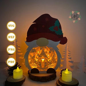 Christmas Gnome Box Lantern Paper Cut, Xmas Lantern svg, Xmas Shadow Box, Christmas Silhouette Lantern, Gnome Box 3d Box, Light Box Svg