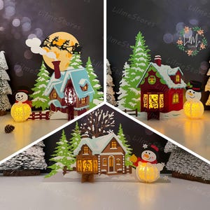 Lot de 3 lanternes de village de Noël découpées dans du papier, svg de lanterne de Noël, boîte d'ombre de Noël, lanterne de silhouette de Noël, boîte de Noël 3d, Svg de boîte à lumière