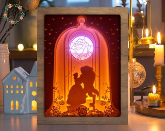 Beauty And Beast 2 3D Papier geschnitten Lichtbox - Schattenbox - Nachtlicht Schlafzimmer - Schattenbox Geschenk - Geschenk für sie - Geschenk für ihn, Geburtstagsgeschenk