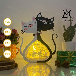Caja de papel con diseño de pareja de ratones y gatos, caja de amor de gato (SVG), caja de sombra de San Valentín, linterna de silueta de San Valentín, caja 3D de San Valentín, caja de luz (SVG)