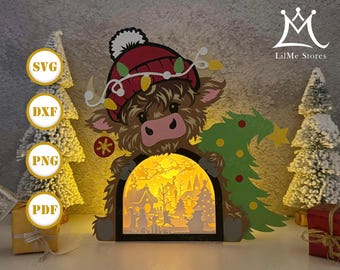 Christmas Highland Cow Box Paper Cut: Christmas Shadow Box Lantern SVG (Digital Download)
