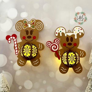 Lot de 2 lanternes en pain d'épice en papier découpé, lanterne de souris svg, boîte ombre de souris, lanterne silhouette de souris, boîte de Noël 3d, boîte à lumière Svg