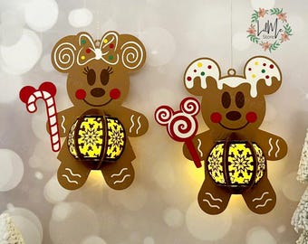 Pack 2 Gingerbread Mouse Lantern Paper Cut, Mouse Lantern svg, Mouse Shadow Box, Mouse Silhouette Lantern, Christmas 3d Box, Light Box Svg