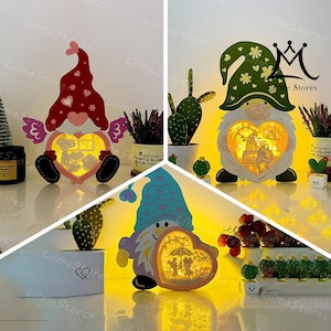Pack 3 Gnome Love Box Paper Cut, Gnome Love Box svg, Gnome Shadow Box, Gnome Silhouette Lantern, Gnome 3d Box, Light Box Svg