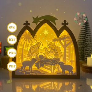 Jezus 3 kerststal huis doos lantaarn papier gesneden, xmas lantaarn svg, xmas shadow box, kerst silhouet lantaarn, huisdoos 3d doos