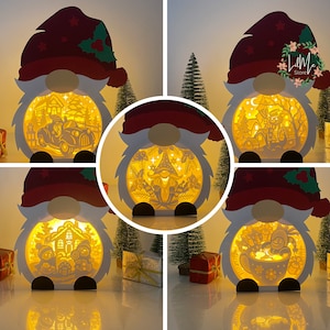 Paquete de 5 cajas de gnomos navideños con corte de papel, linternas navideñas SVG, cajas de sombras navideñas, siluetas navideñas, cajas de gnomos 3D, cajas de luz SVG