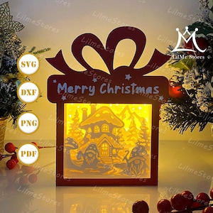 Xmas Gnome 4 Gift Box Paper Cut, Gift Box svg, Christmas Shadow Box, Christmas Silhouette Lantern, Christmas 3d Box, Light Box Svg