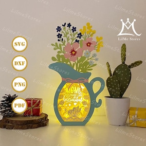 Belle maman vase à fleurs boîte papier découpé, vase de fleurs lanterne svg, boîte ombre fleur, lanterne silhouette de fleur, boîte 3d fleur, boîte lumineuse Svg