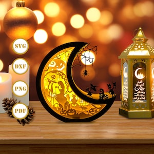 Lanterna di carta tagliata a forma di luna "Nightmare Before Christmas", Lanterna di carta tagliata a forma di luna in formato SVG, Scatola con ombra lunare, Lanterna con silhouette lunare, Scatola 3D lunare, Scatola luminosa in formato SVG