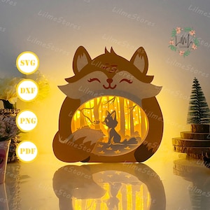 Lanterne renard en papier découpé, lanterne animale svg, boîte ombre animal, lanterne silhouette animale, boîte 3d animal