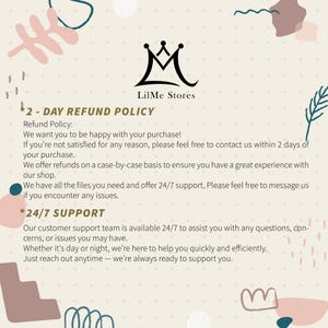 May include: Cream-colored graphic with the LilMe Stores logo and text detailing a 2-day refund policy and 24/7 customer support. Decorative elements include abstract shapes in pink, teal, and brown.