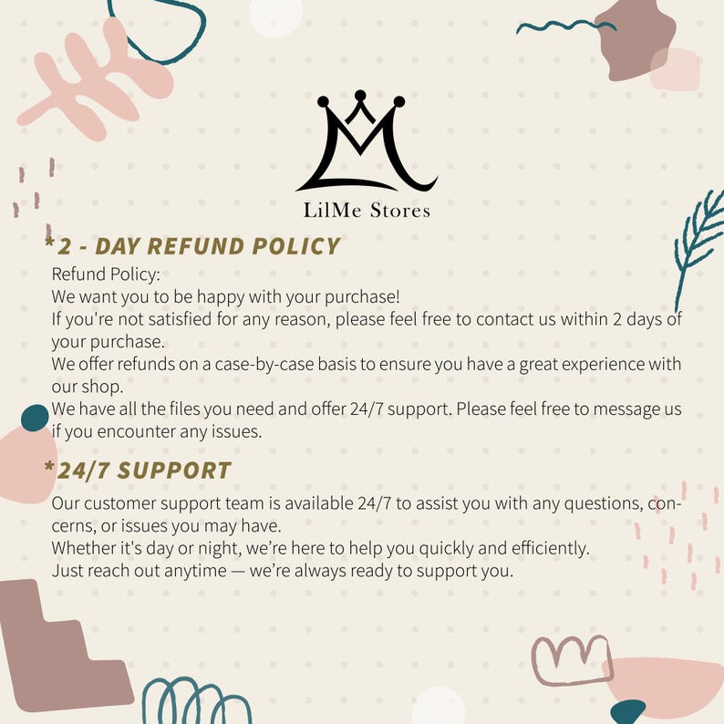 May include: Cream-colored graphic with the LilMe Stores logo and text detailing a 2-day refund policy and 24/7 customer support. Decorative elements include abstract shapes in pink, teal, and brown.