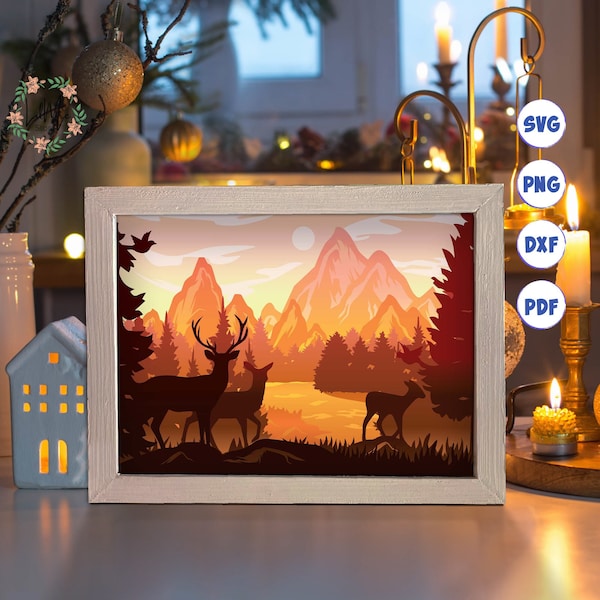 Deer in the forest 2 Paper Cut Light Box Template, 3D Shadow Box SVG Files, Shadow Box Paper Cut, Light Box SVG, 3D Papercut Light Box SVG