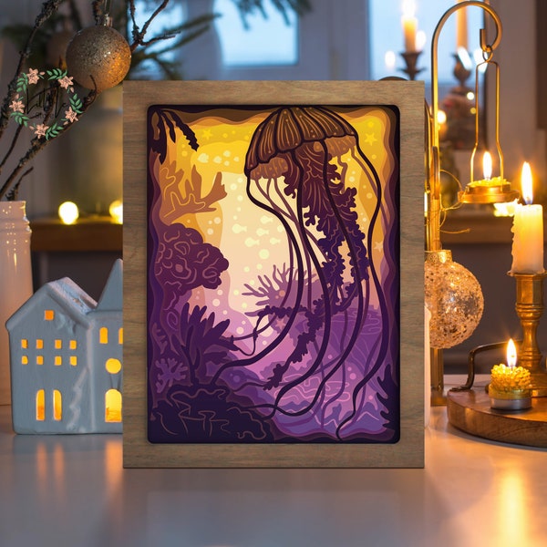 Jellyfish 3D paper cut light box - shadow box - night light bedroom - shadow box gift - gift for her - gift for him, birthday gift, DIY