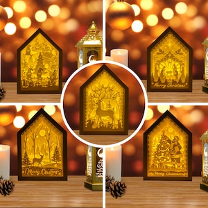 Pack 5 Xmas 2 House Box Lantern Paper Cut, Xmas Lantern svg, Xmas Shadow Box, Xmas Silhouette Lantern, Christmas Box 3d Box, Light Box Svg