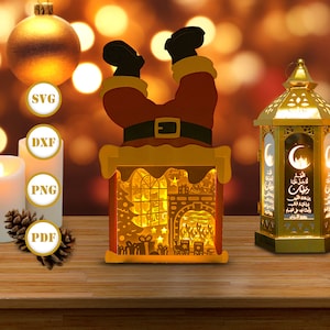 Papier découpé pour lanterne de Noël feu, lanterne de Noël svg, boîte d'ombre de Noël, lanterne silhouette de Noël, boîte 3d de Santa boîte, boîte à lumière Svg