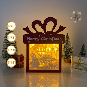 Truck Gift Box Lantern Paper Cut, Xmas Lantern svg, Christmas Shadow Box, Christmas Silhouette Lantern, Gift Box 3d Box, Light Box Svg