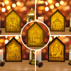 Confezione da 5 lanterne di Natale a forma di casa, tagliate in carta, lanterne di Natale in formato SVG, scatola con ombra di Natale, lanterne con silhouette di Natale, scatola con casa in formato 3D, scatola luminosa in formato SVG