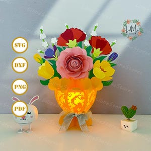 Flower Bouquet 3 Lantern Paper Cut, Bouquet Lantern svg, Bouquet Shadow Box, Flower Silhouette Lantern, Flower 3d Box, Light Box Svg