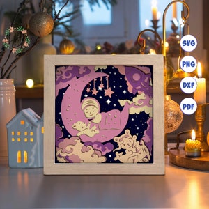 3D bébé sur la lune, Shadow Box Svg, pour Cricut, pour la silhouette, modèle en couches, fichiers papier découpé