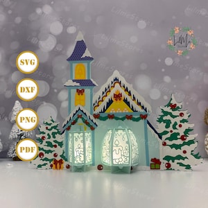 Lanterna a 2 candele in carta tagliata, Lanterna a candela in formato SVG, Scatola con ombra per candele, Lanterna con silhouette natalizia, Scatola natalizia 3D, Scatola luminosa in formato SVG