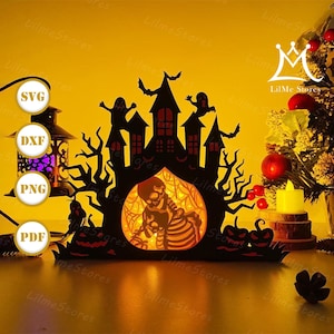 Lanterna a forma di scatola con castello infestato, carta tagliata, lanterna a forma di scatola con castello in formato svg, scatola con ombra di Halloween, lanterna con silhouette di Halloween, scatola con castello in 3D