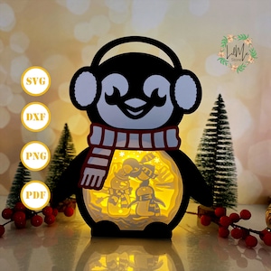 Papier découpé pingouin boîte lanterne de Noël, lanterne de Noël svg, boîte ombre de Noël, lanterne silhouette de Noël, boîte pingouin boîte 3d, boîte lumineuse Svg