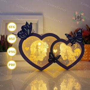 Liebe 2 Herz Paar Box Laterne Papierschnitt, Herz Laterne svg, Herz Schattenbox Valentinstag Silhouette Laterne, Liebesbox 3d Box, Light Box SVG