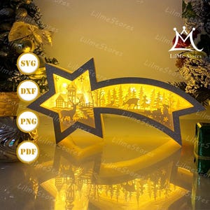 Lanterna di carta tagliata a forma di cervo con 3 stelle, lanterna di Natale in formato SVG, scatola con ombra di Natale, lanterna con silhouette di Natale, scatola con stelle in formato 3D, scatola luminosa in formato SVG 2