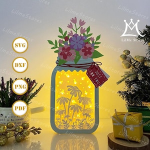 Firefly Floral Mason Jar Box Paper Cut, Floral lantaarn svg, Floral Shadow Box, Floral Silhouette lantaarn, Floral 3D Box, Light Box Svg
