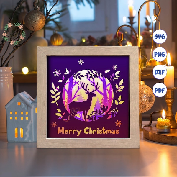Merry Christmas Paper Cut Light Box Template, 3D Shadow Box SVG Files, Shadow Box Paper Cut, Light Box SVG, 3D Papercut Light Box SVG File